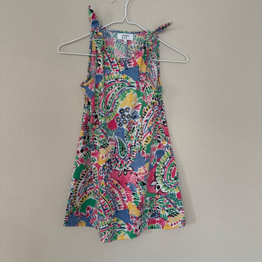 Crown & Ivy Dress Girls Small‎ S Multi-Color Paisley Floral Knot Shoulder A-Line